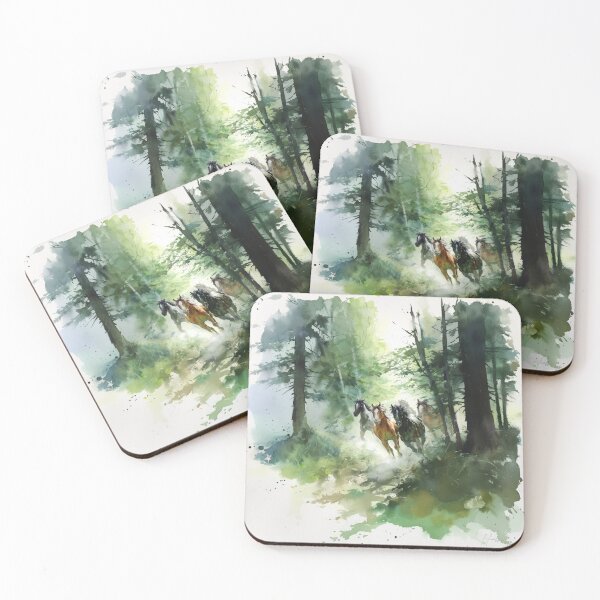 Item preview, A group of wild mustangs galloping through a sun-dappled forest Horses in Motion designed and sold by CDC40.