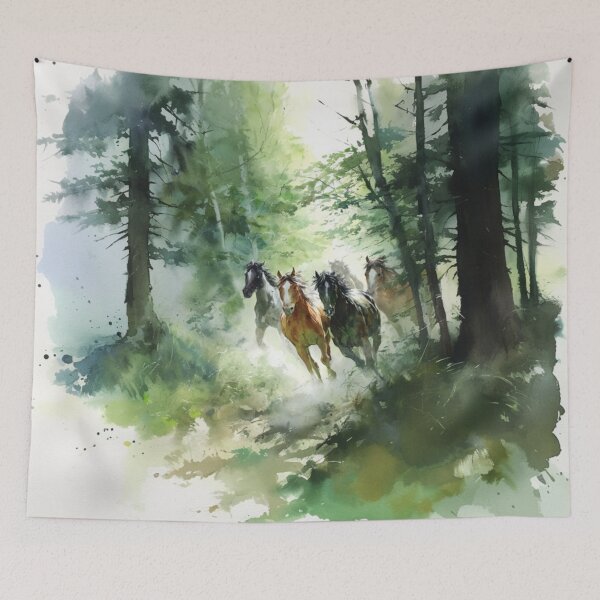Item preview, A group of wild mustangs galloping through a sun-dappled forest Horses in Motion designed and sold by CDC40.