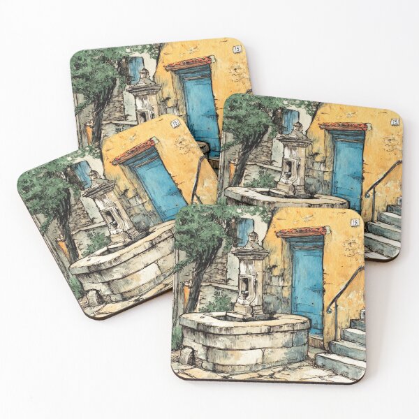 Item preview, Watercolor of a Provencal Fountain – French Village Scene with Colorful Doors designed and sold by mliotard.