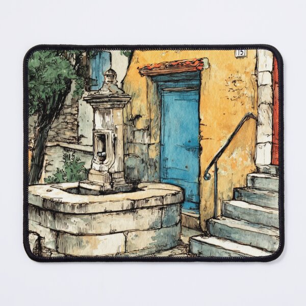 Item preview, Watercolor of a Provencal Fountain – French Village Scene with Colorful Doors designed and sold by mliotard.