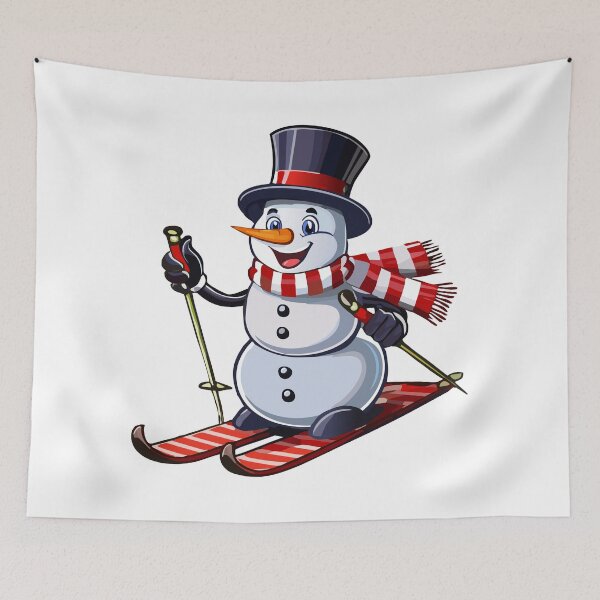 Item preview, Snowman on skis in a top hat with a striped scarf, A cheerful snowman wearing a top hat and striped scarf is actively skiing designed and sold by Danler.
