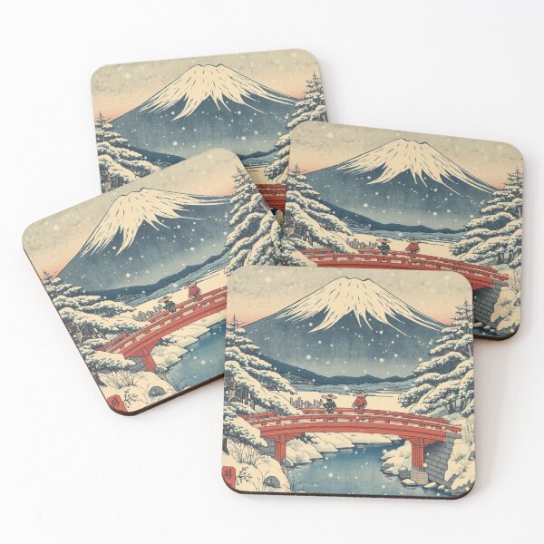Item preview, Red Bridge at Dawn – Mount Fuji Ukiyo-e Winter Landscape designed and sold by Vandy Fullam.