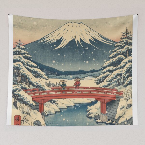Item preview, Red Bridge at Dawn – Mount Fuji Ukiyo-e Winter Landscape designed and sold by Vandy Fullam.