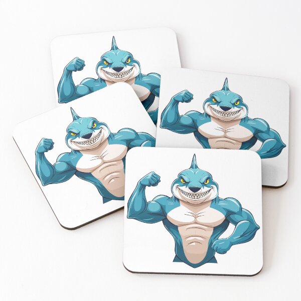 Item preview, Terrifying Shark with open mouth and showing sharp teeth showing muscles, Shark Flexing his muscular big biceps,  Fitness Shark, designed and sold by Danler.