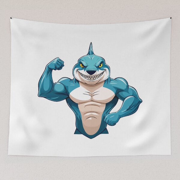 Item preview, Terrifying Shark with open mouth and showing sharp teeth showing muscles, Shark Flexing his muscular big biceps,  Fitness Shark, designed and sold by Danler.
