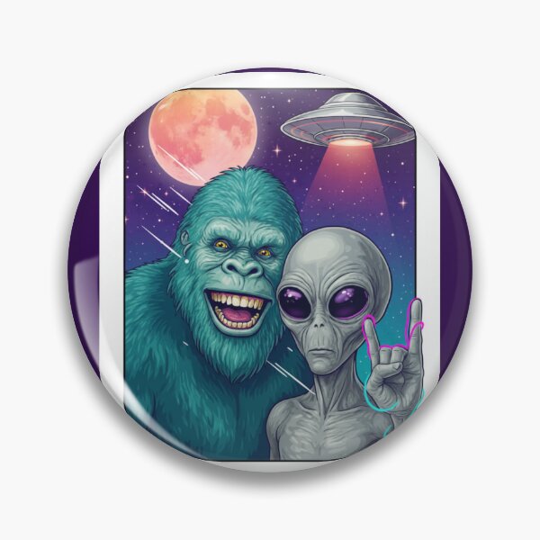 Item preview, Funny retro Alien Selfie with Rock Bigfoot & UFO, Interstellar Cryptid Crew with Rock On Hand Sign designed and sold by LuxeGraphix.