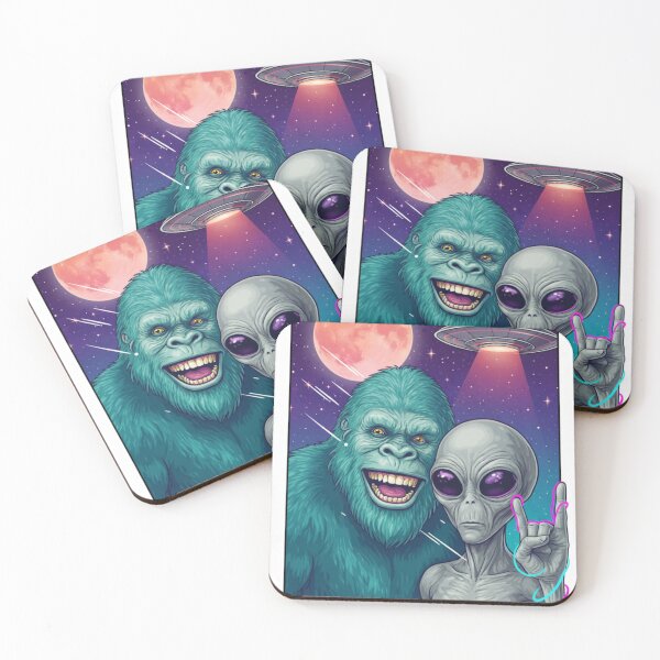 Item preview, Funny retro Alien Selfie with Rock Bigfoot & UFO, Interstellar Cryptid Crew with Rock On Hand Sign designed and sold by LuxeGraphix.