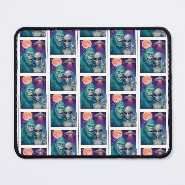 Item preview, Funny retro Alien Selfie with Rock Bigfoot & UFO, Interstellar Cryptid Crew with Rock On Hand Sign designed and sold by LuxeGraphix.