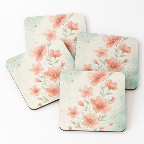 Item preview, Delicate Watercolor Pink Flowers with Gold Dust – Soft Floral Print on Aqua Background designed and sold by Gold Turtle  Lina.