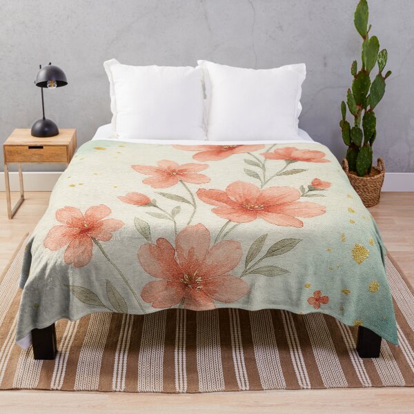 Item preview, Delicate Watercolor Pink Flowers with Gold Dust – Soft Floral Print on Aqua Background designed and sold by Gold Turtle Lina.