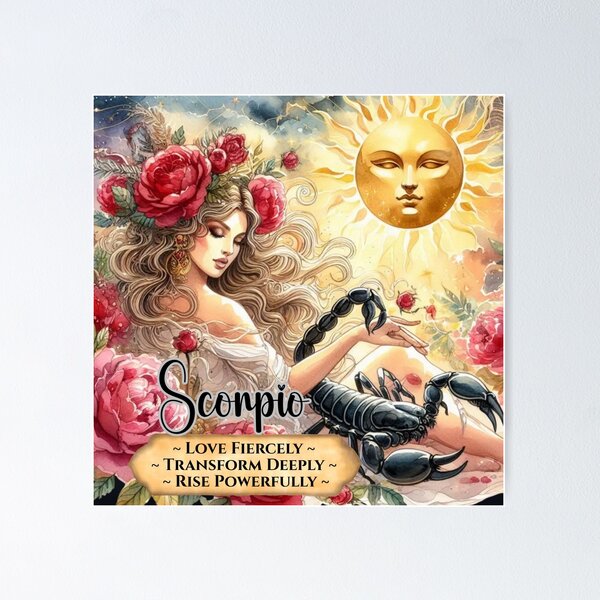 Item preview, Scorpio Zodiac Goddess – Love Fiercely, Transform Deeply, Rise Powerfully – Sun, Rose & Peony Art Print designed and sold by Kjahli.