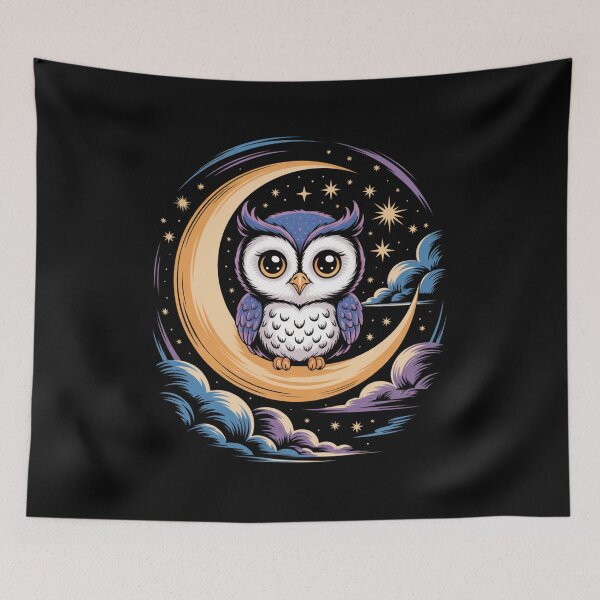 Artikelvorschau, Cute Owl on Crescent Moon – Dreamy Night Sky Fantasy Art entworfen und verkauft von WitchyWhisper.