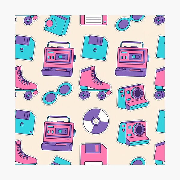 Aperçu de l'œuvre Motif nostalgie des années 90 – Icônes rétro de la technologie et de la culture pop créée et vendue par skysshobu.