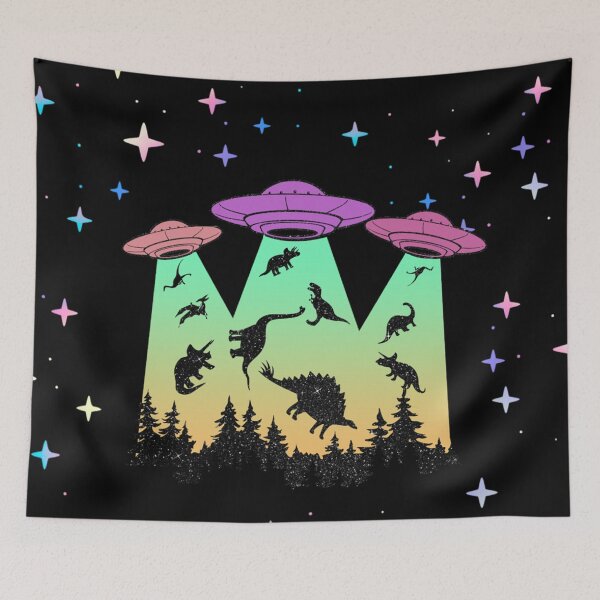 Item preview, UFO Abduction Dinosaur Stained Glass Night Sky Illustration designed and sold by caseluv.