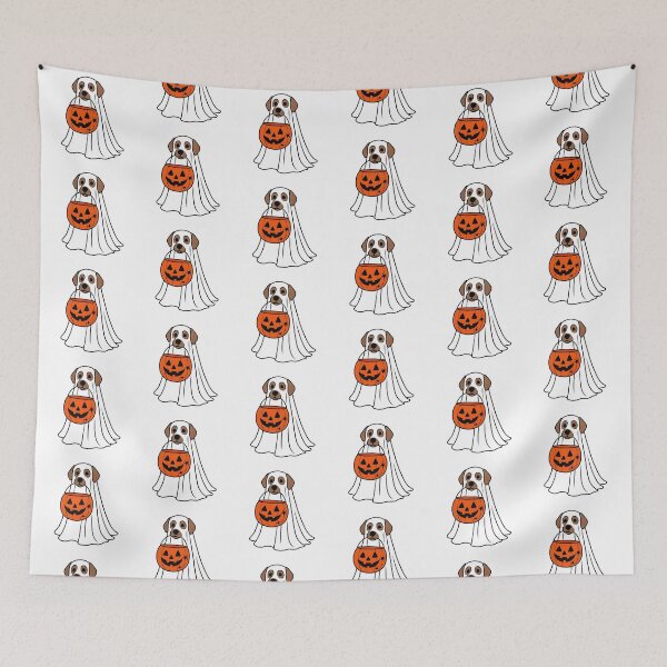 Item preview, Spooky Ghost Dog with Pumpkin Basket Halloween Sticker designed and sold by FestivityFinds.