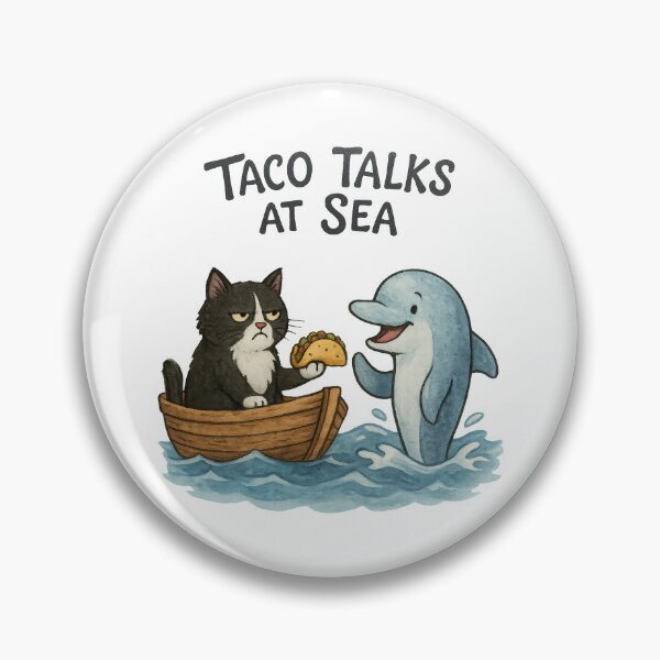 Artikelvorschau, Taco spricht auf See | Lustige Katze und Delfin Cartoon Illustration entworfen und verkauft von inkoutninja.