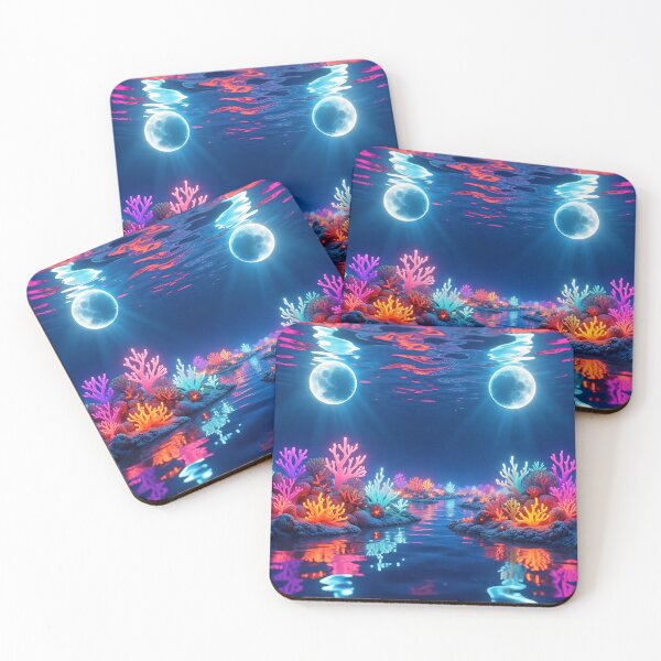 Item preview, Bioluminescent Beautiful Coral Reef Under Twin Moons – Fantasy Ocean Glow Art designed and sold by AwesomeDigiShop.
