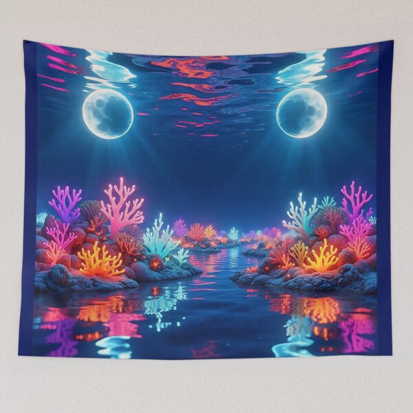 Item preview, Bioluminescent Beautiful Coral Reef Under Twin Moons – Fantasy Ocean Glow Art designed and sold by AwesomeDigiShop.