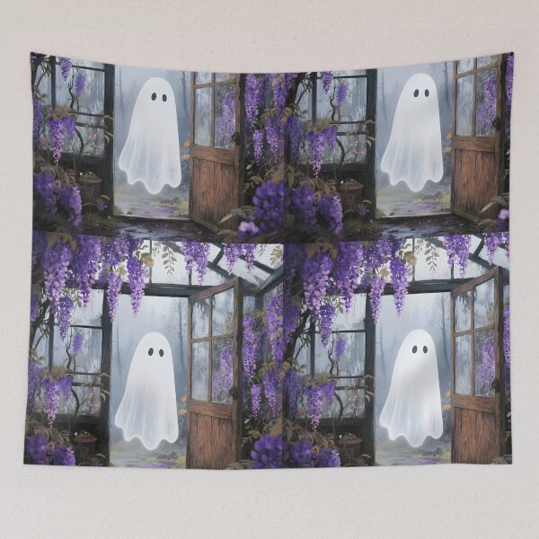 Item preview, Cute Ghost in Purple Wisteria Dreamy Greenhouse Illustration designed and sold by EmeraldeaArt.