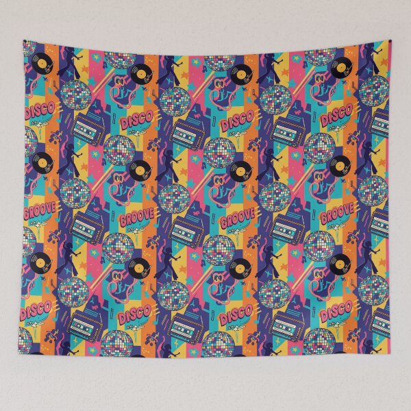 Item preview, Retro 70s and 80s Disco Party Pattern - Mirror Ball and Neon Printed Textile - Vintage Groove Music designed and sold by DibuHumor.