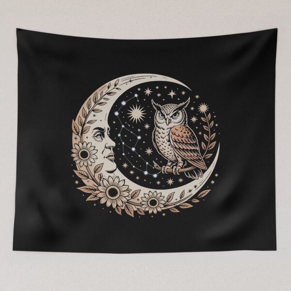 Artikelvorschau, Moon and Owl with Stars – Cosmic Spiritual Illustration entworfen und verkauft von WitchyWhisper.