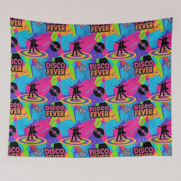 Item preview, Disco Fever Neon Pattern 70s and 80s - Printed Textile Dancers and Vinyl - Retro Groovy Party Night designed and sold by DibuHumor.