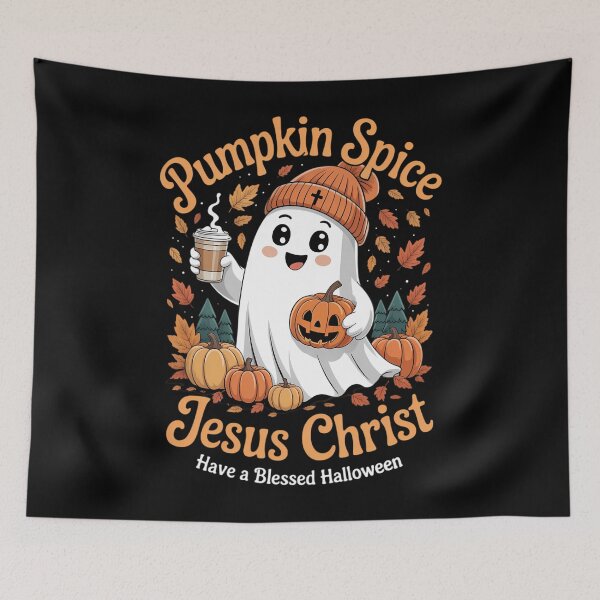 Item preview, Pumpkin spice & Jesus Christ ghost pumpkin spice Halloween designed and sold by HellD3vil-Art.