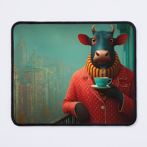 Item preview, A Stylish Cow Enjoying Tea in a City Balcony designed and sold by Artessie.