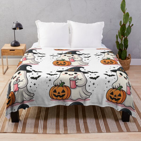 Item preview, Cute Halloween Ghost with Witch Hat and Pumpkin designed and sold by ArtfulWeave.