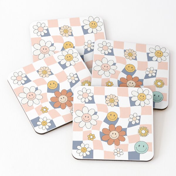 Item preview, Smiley Flowers on Wavy Checkerboard Background designed and sold by ArtfulWeave.