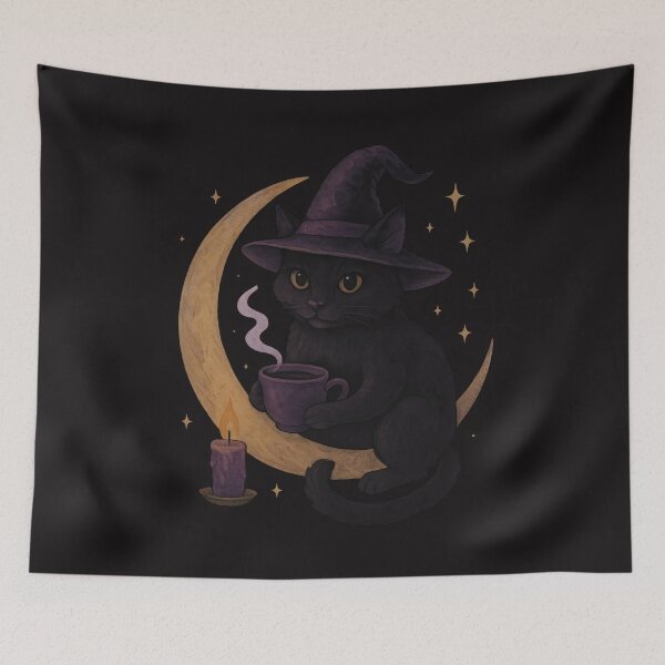 Item preview, Witchy Cat on Crescent Moon – Cozy Gothic Art designed and sold by Ombrya.