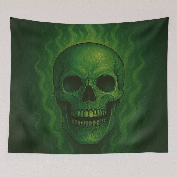 Item preview, Green Skull on Fire – Retro Horror Art designed and sold by SablePL.