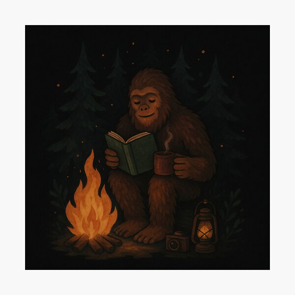 Aperçu de l'œuvre Lecture de Bigfoot au coin du feu – Art nocturne cryptide et douillet créée et vendue par Ombrya.
