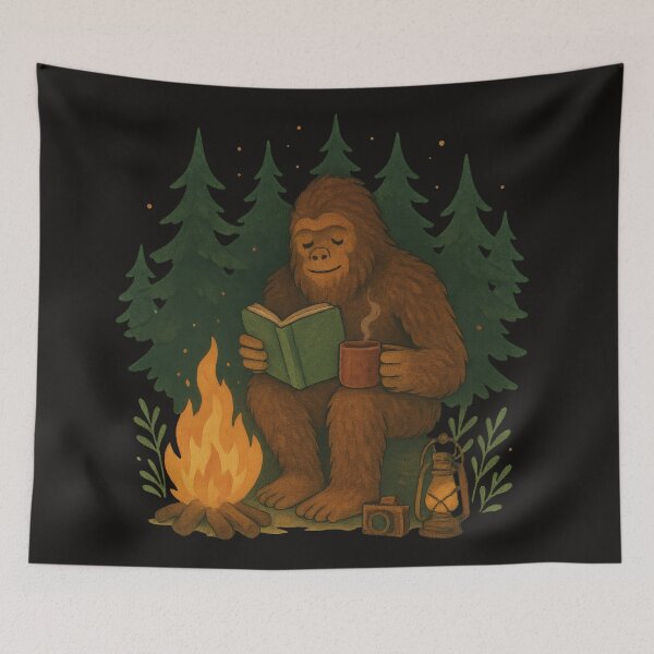 Item preview, Bigfoot Reading by Campfire – Cozy Cryptid Night Art designed and sold by Ombrya.