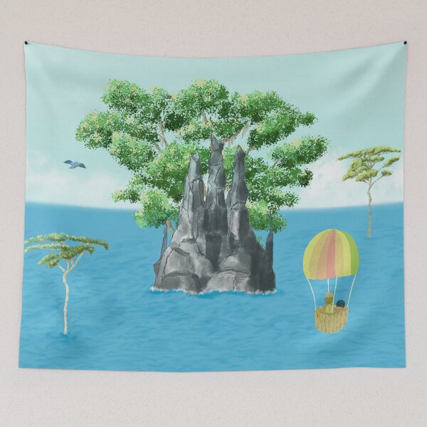 Item preview, Three friends on an adventure towards a black rock and a big tree island designed and sold by greenPQBstudio.