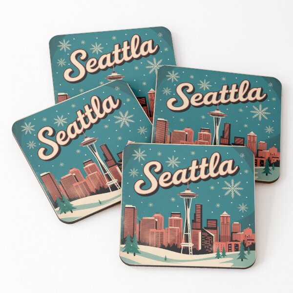 Item preview, Navidad retro en Seattle: póster vintage con el horizonte navideño | Impresión artística invernal de mediados de siglo designed and sold by RobiCom.