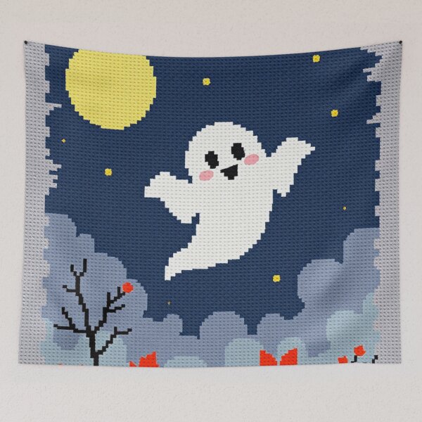 Item preview, Cute Ghost Cross Stitch Art – Halloween Night Embroidery Design designed and sold by MiraLumeStudio.