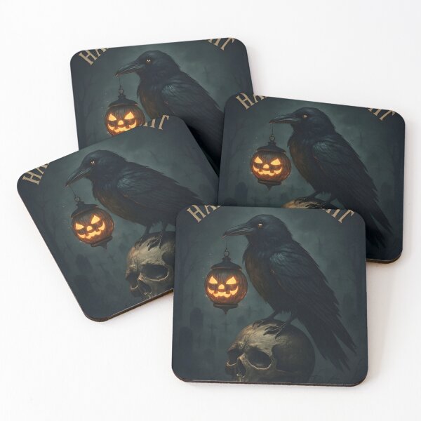 Aperçu de l'œuvre Corbeau gothique d'Halloween avec lanterne citrouille | Dark Crow Art | Motif d'oiseau fantasmagorique et effrayant créée et vendue par NatureNookTees.