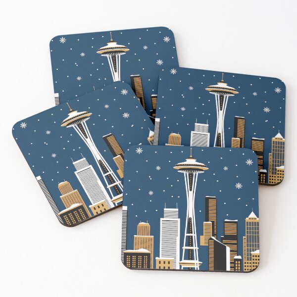 Item preview, Christmas in Seattle – Minimalist Space Needle Skyline Art | Modern Winter City Illustration designed and sold by RobiCom.