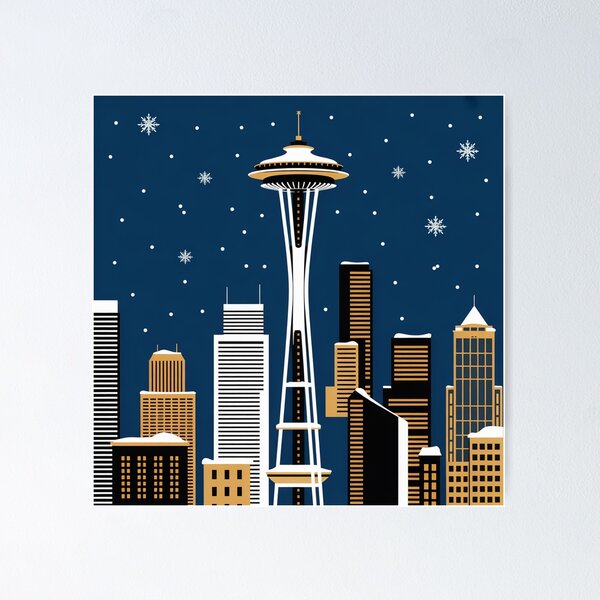 Item preview, Christmas in Seattle – Minimalist Space Needle Skyline Art | Modern Winter City Illustration designed and sold by RobiCom.
