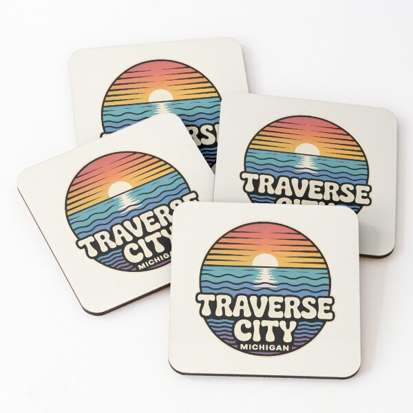 Item preview, Traverse City Michigan Retro Sunset Beach Emblem designed and sold by TheOldMittenIllustrated.