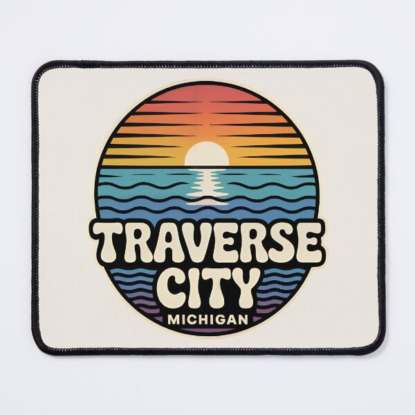Item preview, Traverse City Michigan Retro Sunset Beach Emblem designed and sold by TheOldMittenIllustrated.
