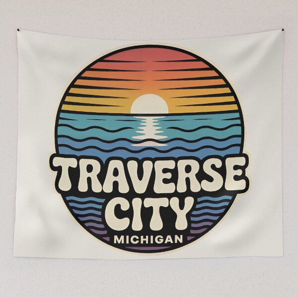 Item preview, Traverse City Michigan Retro Sunset Beach Emblem designed and sold by TheOldMittenIllustrated.
