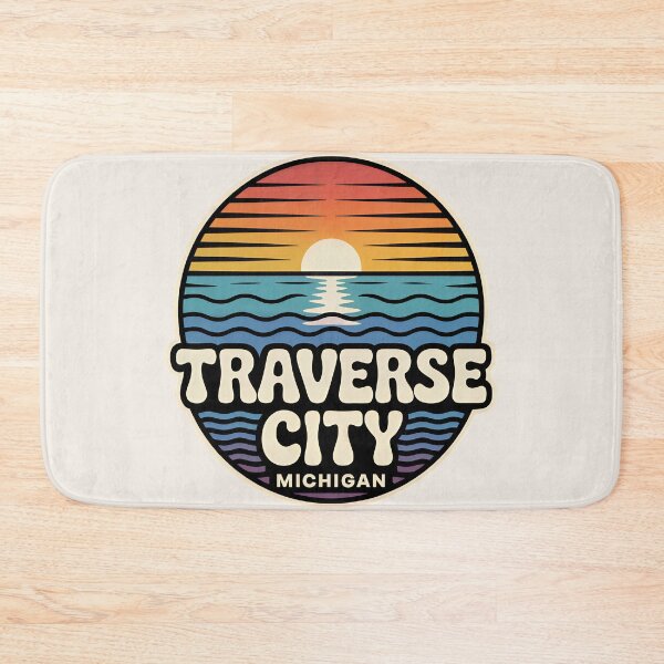 Item preview, Traverse City Michigan Retro Sunset Beach Emblem designed and sold by TheOldMittenIllustrated.