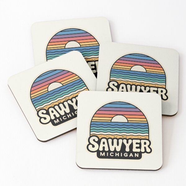 Item preview, Sawyer Michigan Retro Sunset Beach Emblem designed and sold by TheOldMittenIllustrated.
