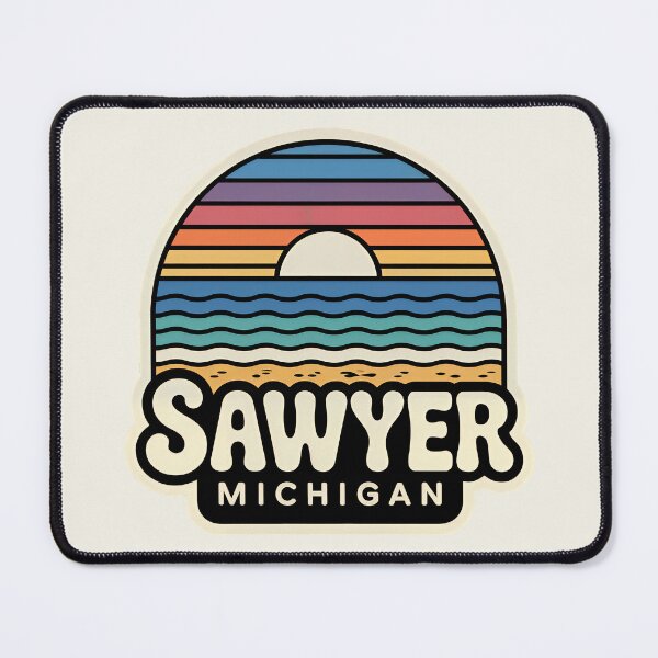 Item preview, Sawyer Michigan Retro Sunset Beach Emblem designed and sold by TheOldMittenIllustrated.