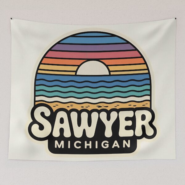 Item preview, Sawyer Michigan Retro Sunset Beach Emblem designed and sold by TheOldMittenIllustrated.