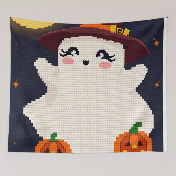 Item preview, Cute Ghost Witch Cross Stitch Art – Halloween Pumpkin Embroidery Design designed and sold by MiraLumeStudio.
