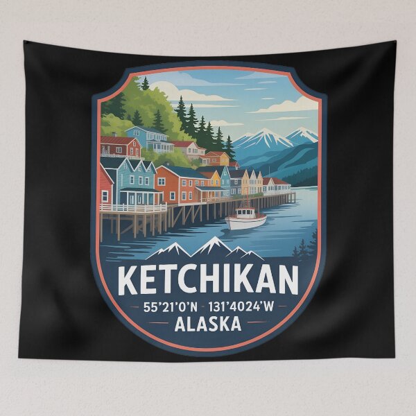 Item preview, Ketchikan Alaska Shield– Colorful Waterfront Travel Art with Coordinates designed and sold by VividOrganica.