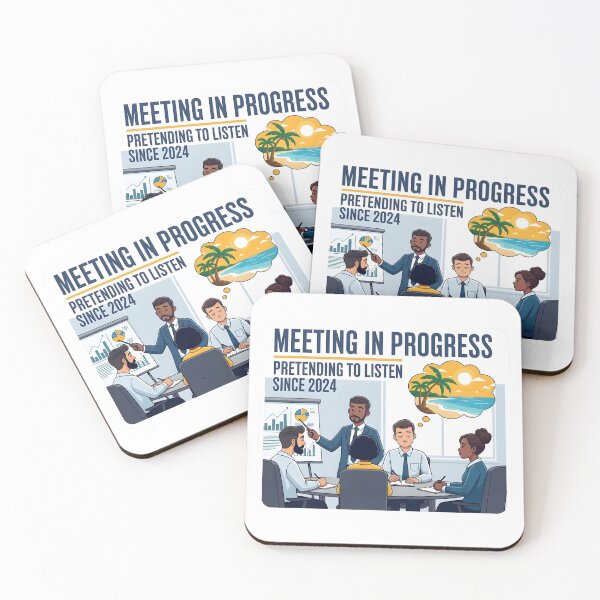 Artikelvorschau, Aufkleber „Meeting in Progress – so tun, als würde man zuhören“ – Lustiges Büroschild – Arbeitshumor entworfen und verkauft von SewRed.